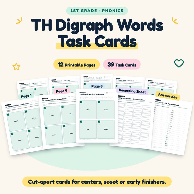 TH Digraph Words Task Cards | 1st Grade Phonics (14 Cards) — cover