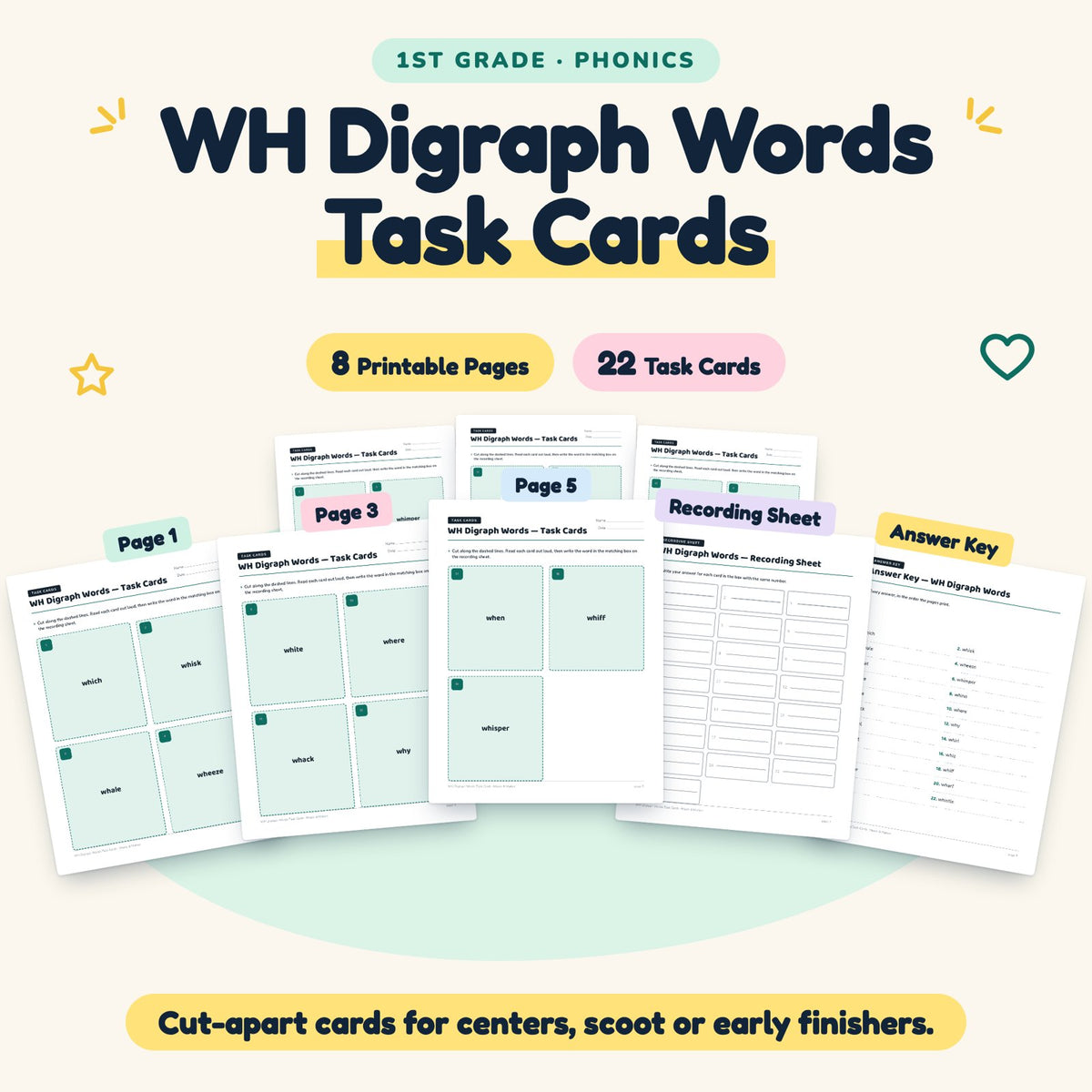 WH Digraph Words Task Cards | 1st Grade Phonics (8 Cards) — cover