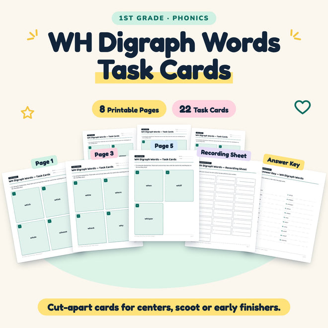 WH Digraph Words Task Cards | 1st Grade Phonics (8 Cards) — cover