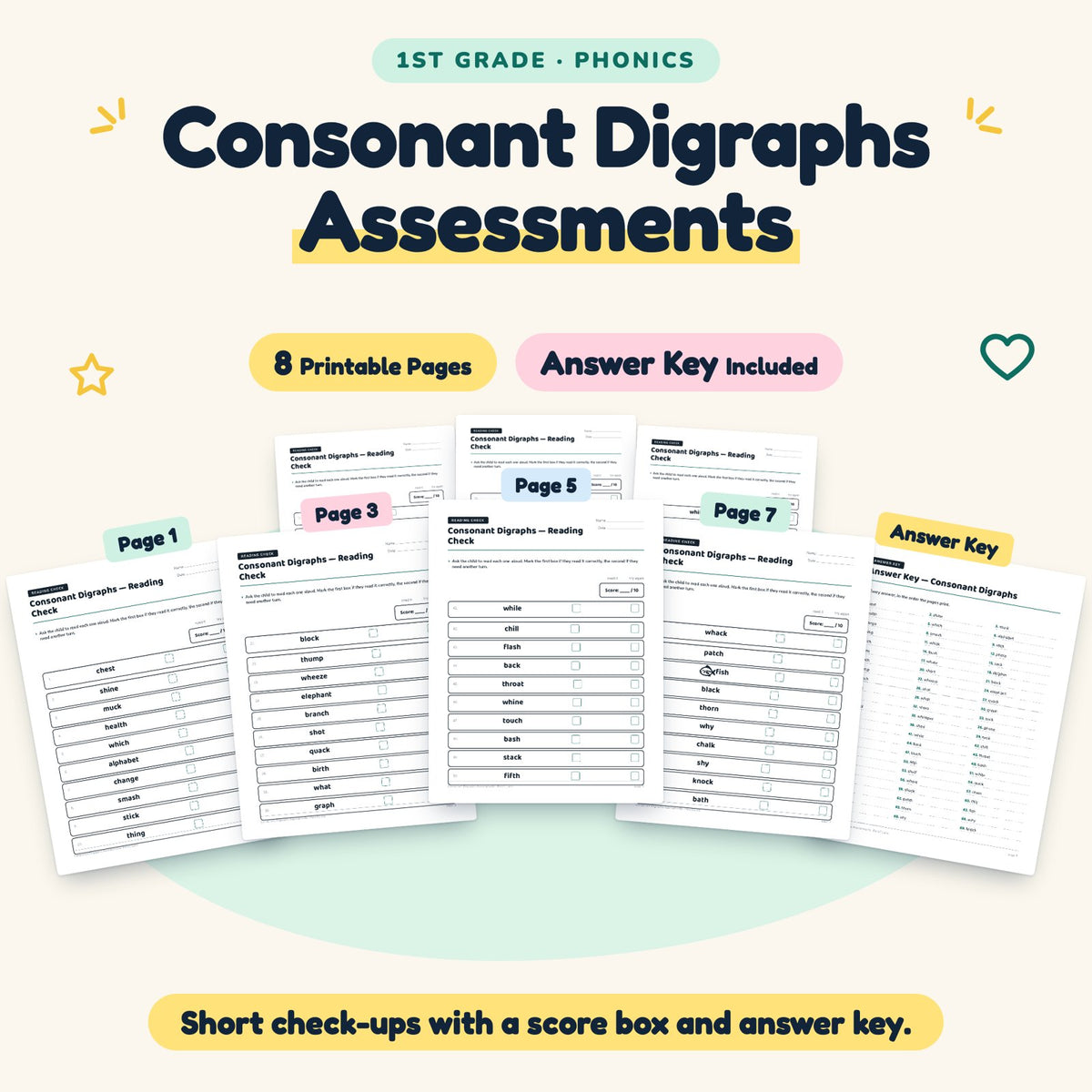 Consonant Digraphs Assessments | 1st Grade Phonics (7 Pages) — cover