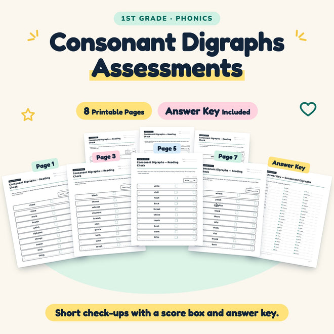 Consonant Digraphs Assessments | 1st Grade Phonics (7 Pages) — cover