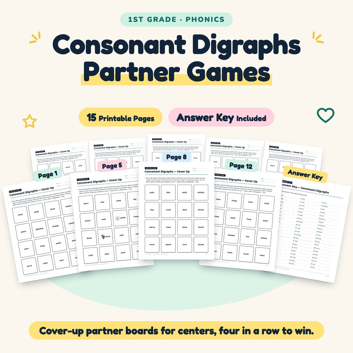 Consonant Digraphs Partner Games | 1st Grade (6 Pages) — cover