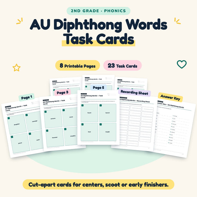 AU Diphthong Words Task Cards | 2nd Grade Phonics (8 Cards) — cover