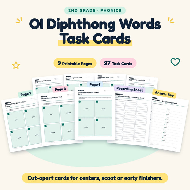 OI Diphthong Words Task Cards | 2nd Grade Phonics (10 Cards) — cover