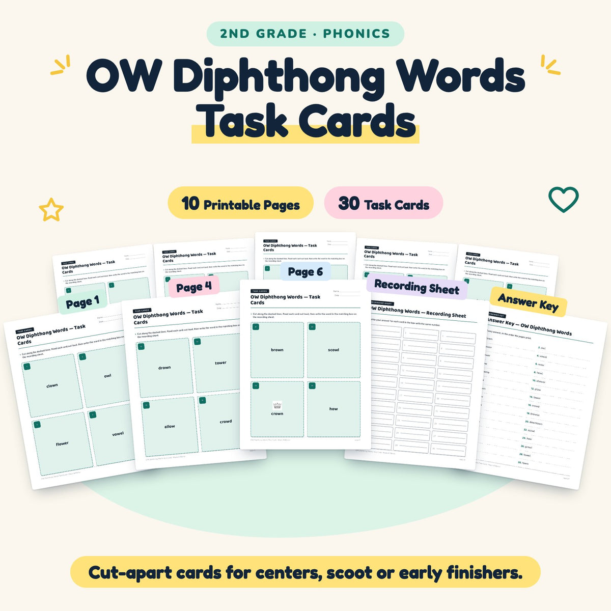 OW Diphthong Words Task Cards | 2nd Grade Phonics (10 Cards) — cover