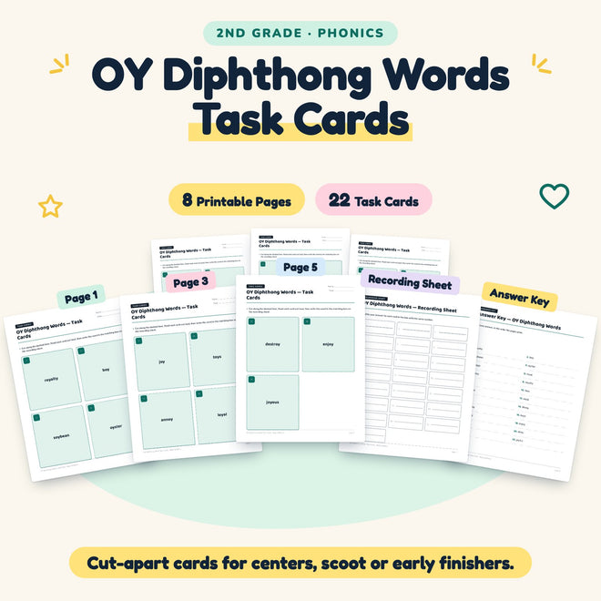 OY Diphthong Words Task Cards | 2nd Grade Phonics (8 Cards) — cover