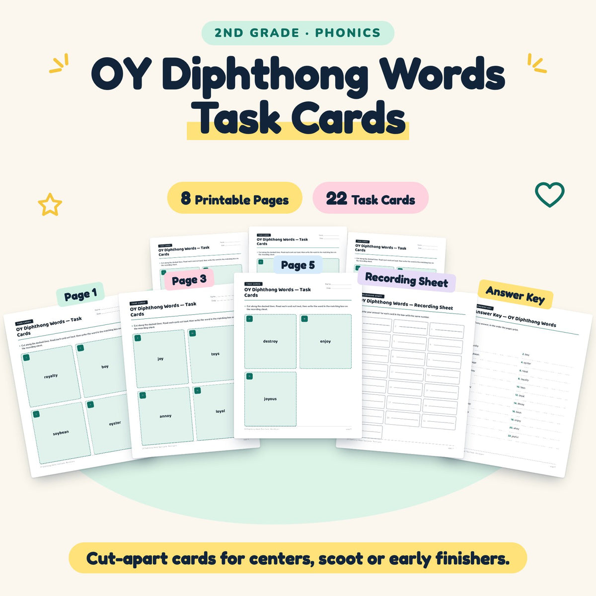 OY Diphthong Words Task Cards | 2nd Grade Phonics (8 Cards) — cover