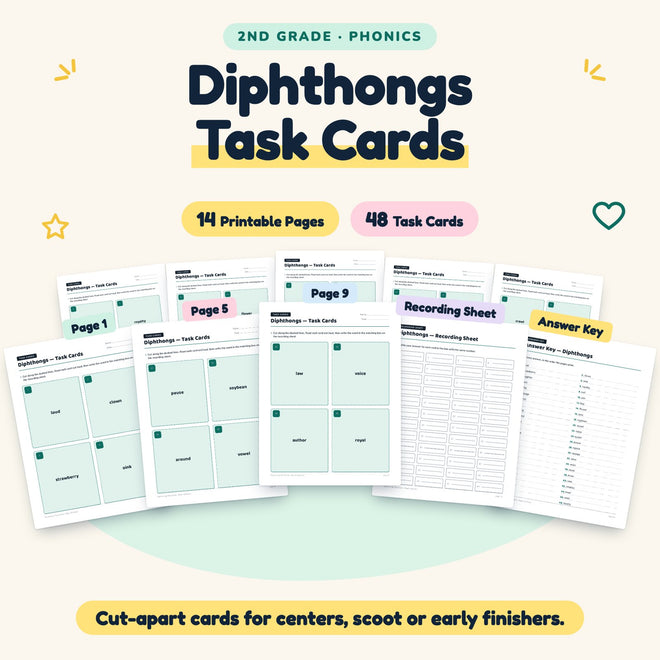 Diphthongs Task Cards | 2nd Grade Phonics (48 Cards) — cover