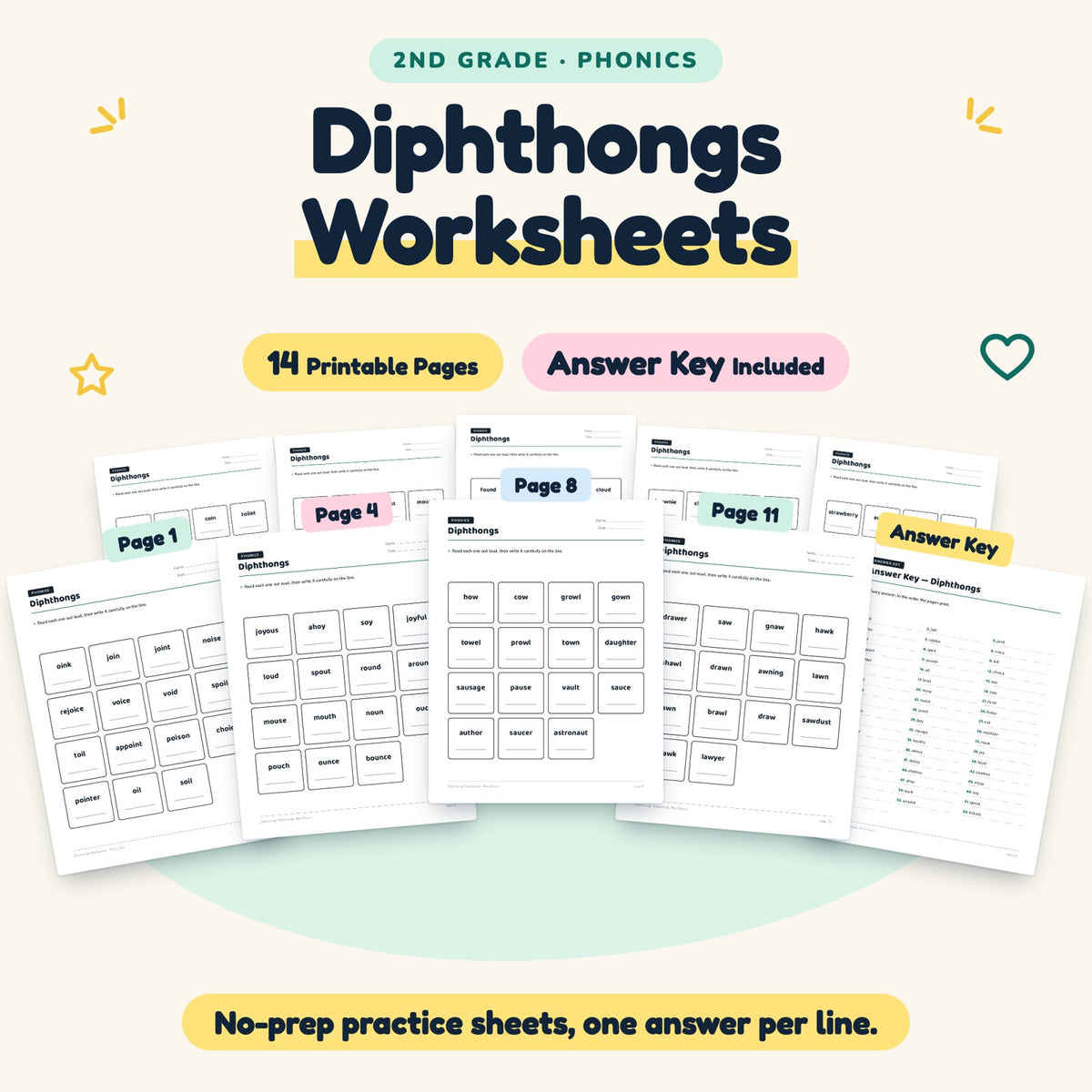 Diphthongs Worksheets | 2nd Grade Phonics (5 Pages) — cover