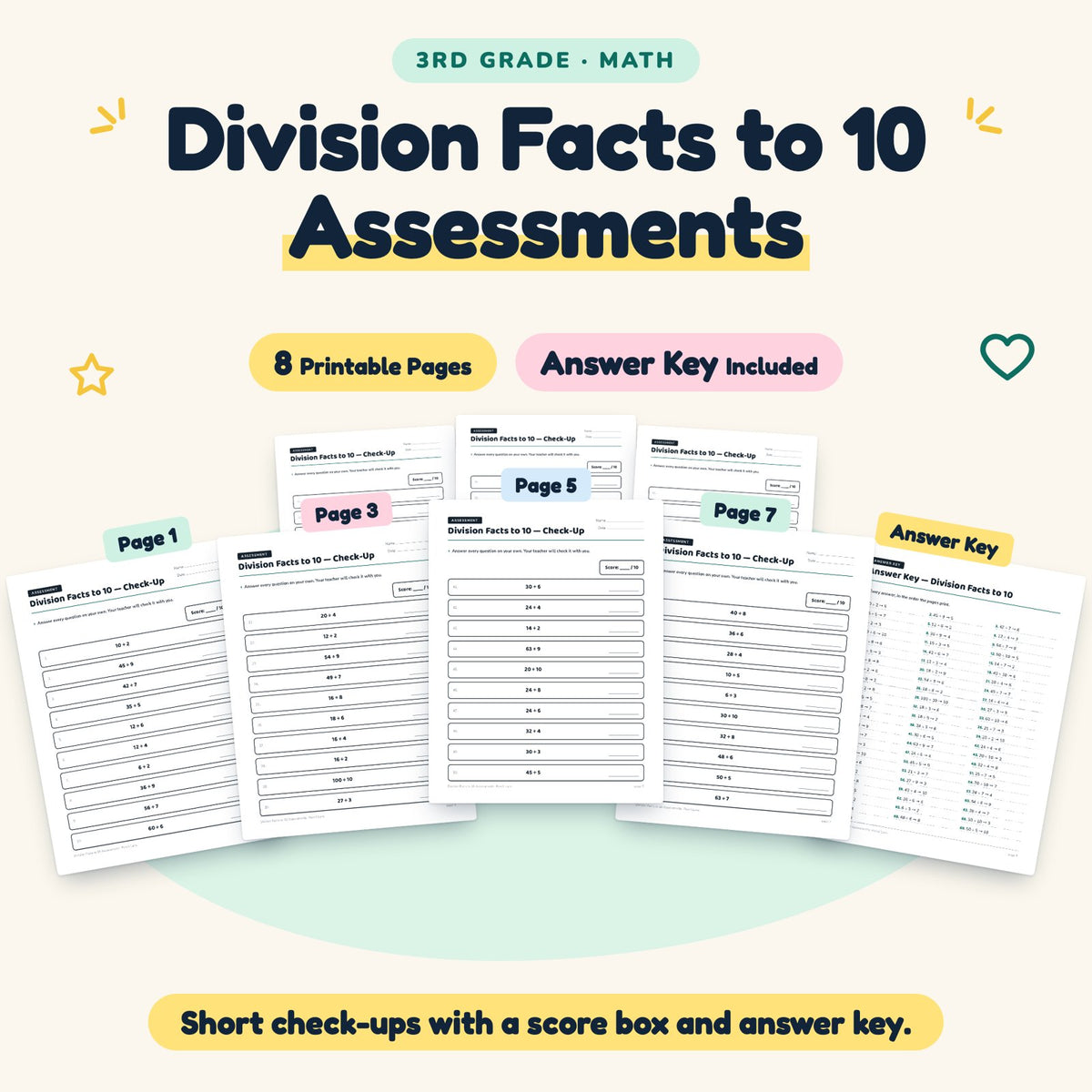 Division Facts to 10 Assessments | 3rd Grade Math (7 Pages) — cover