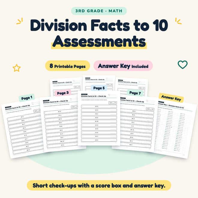 Division Facts to 10 Assessments | 3rd Grade Math (7 Pages) — cover