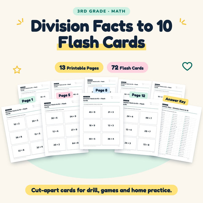 Division Facts to 10 Flash Cards | 3rd Grade Math (72 Cards) — cover