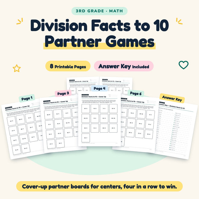 Division Facts to 10 Partner Games | 3rd Grade (8 Pages) — cover