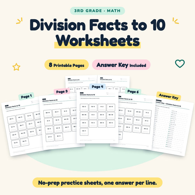 Division Facts to 10 Worksheets | 3rd Grade Math (8 Pages) — cover