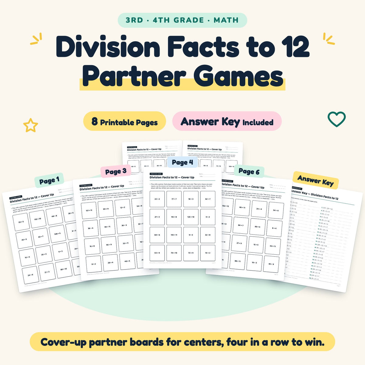 Division Facts to 12 Partner Games | 3rd–4th Grade (8 Pages) — cover