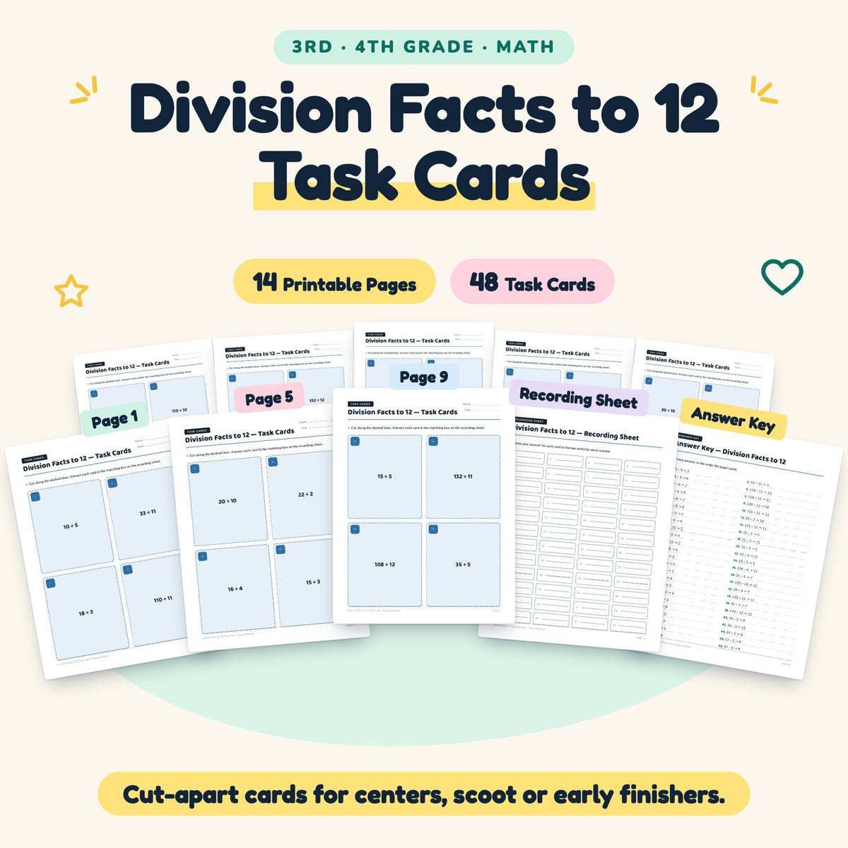 Division Facts to 12 Task Cards | 3rd–4th Grade (48 Cards) — cover