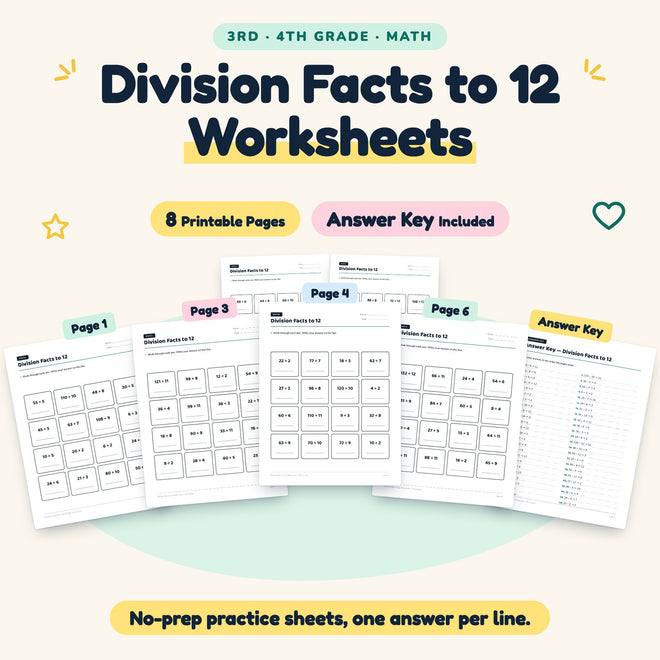 Division Facts to 12 Worksheets | 3rd–4th Grade (8 Pages) — cover