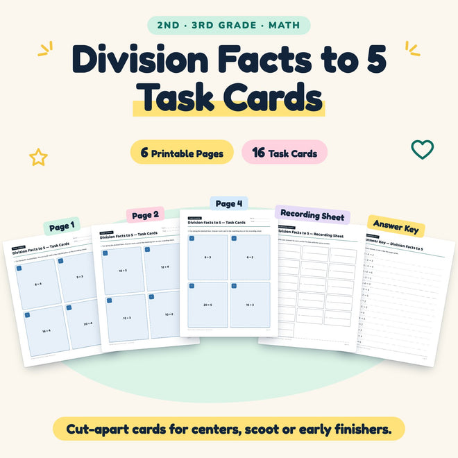 Division Facts to 5 Task Cards | 2nd–3rd Grade (16 Cards) — cover