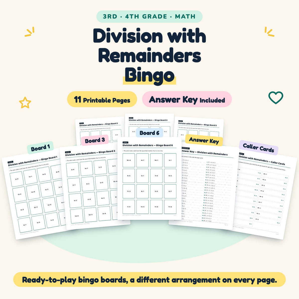 Division with Remainders Bingo | 3rd–4th Grade (11 Pages) — cover