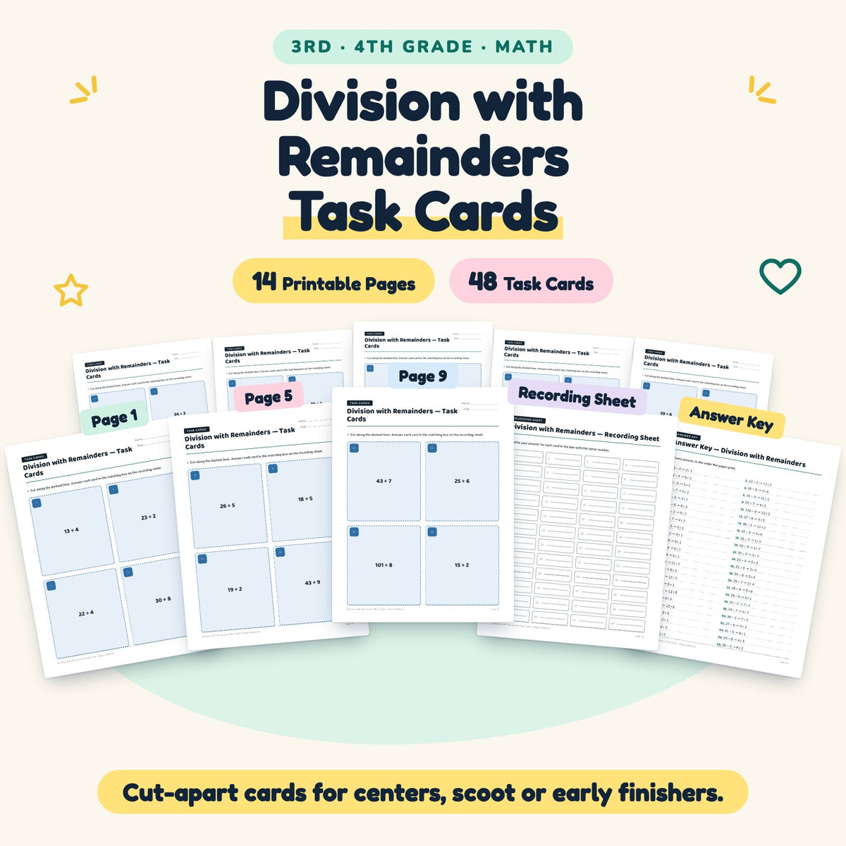 Division with Remainders Task Cards | 3rd–4th Grade Math — cover