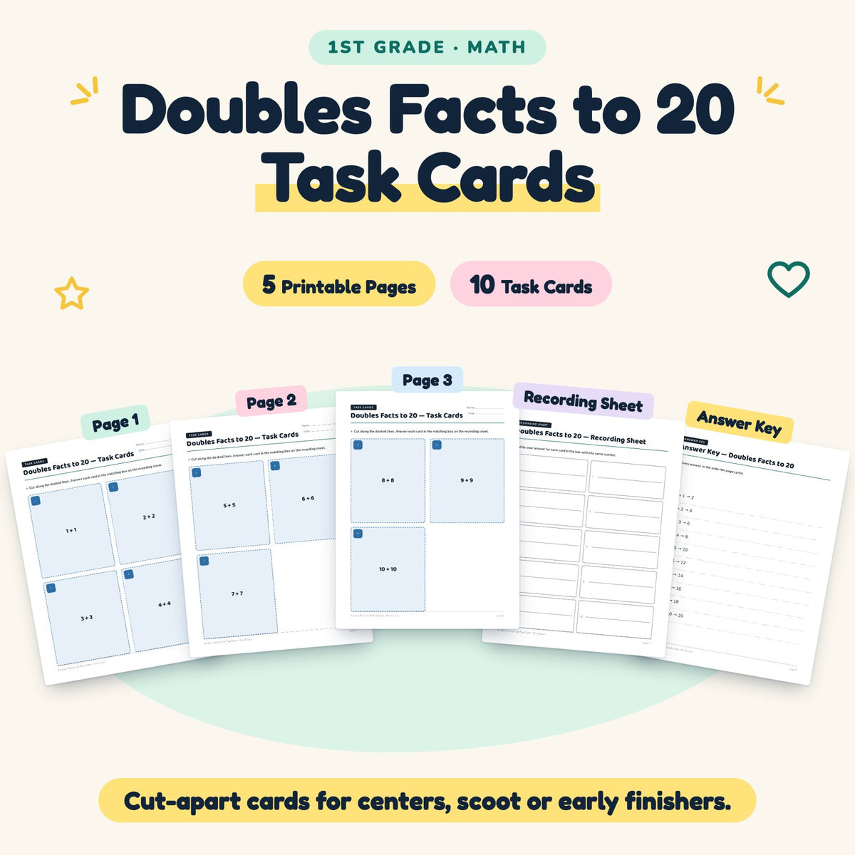 Doubles Facts to 20 Task Cards | 1st Grade Math (10 Cards) — cover