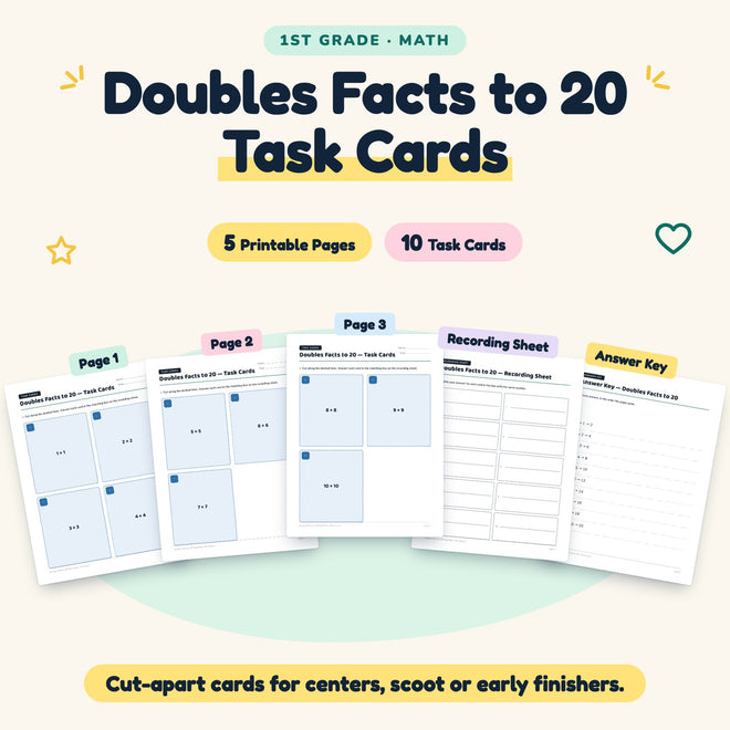 Doubles Facts to 20 Task Cards | 1st Grade Math (10 Cards) — cover