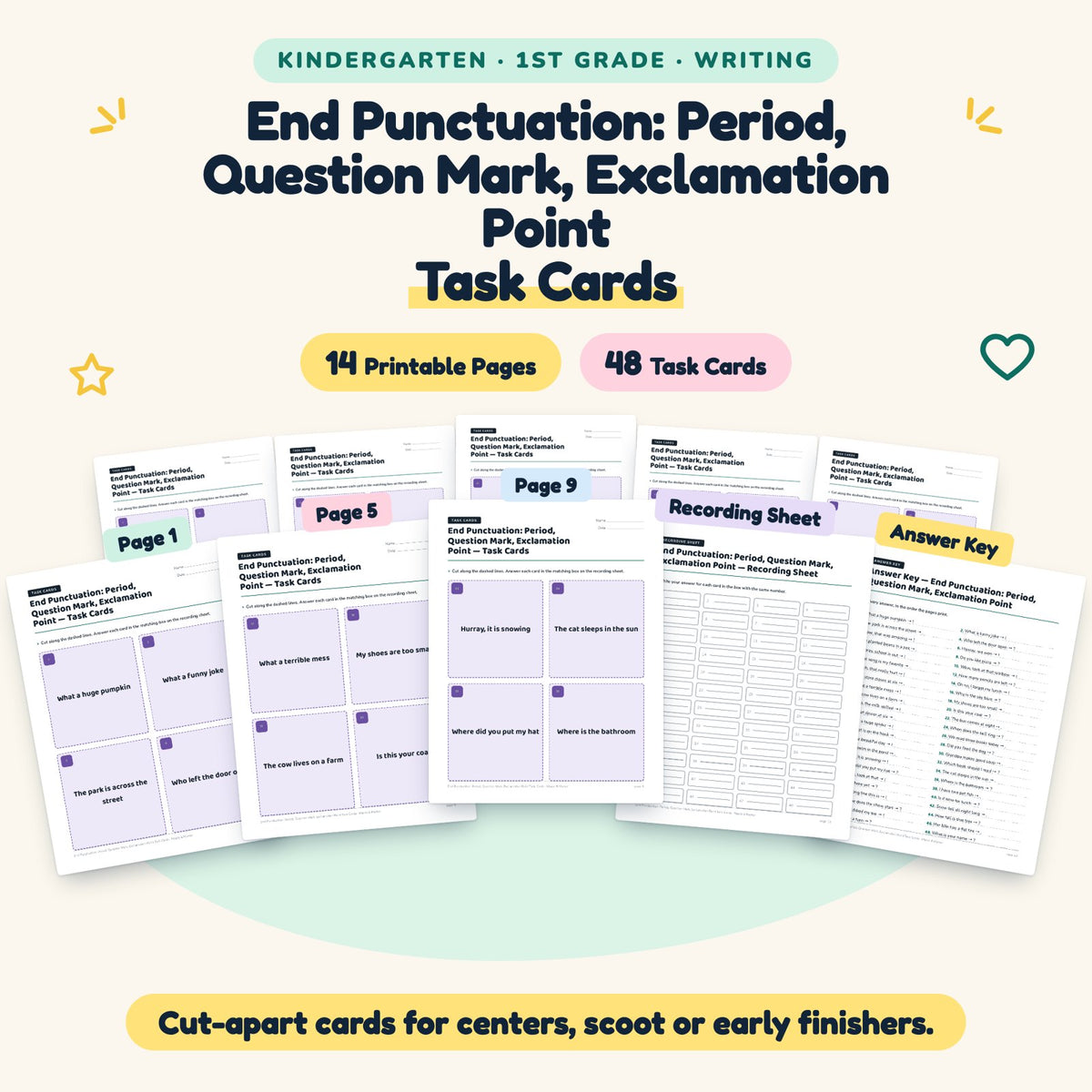 End Punctuation Task Cards | K–1st Grade Grammar (36 Cards) — cover