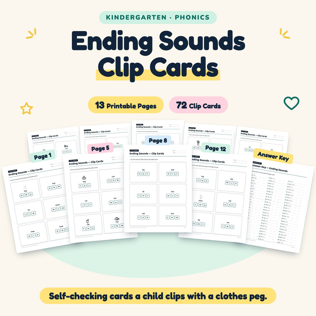 Ending Sounds Clip Cards | Kindergarten Phonics (72 Cards) — cover