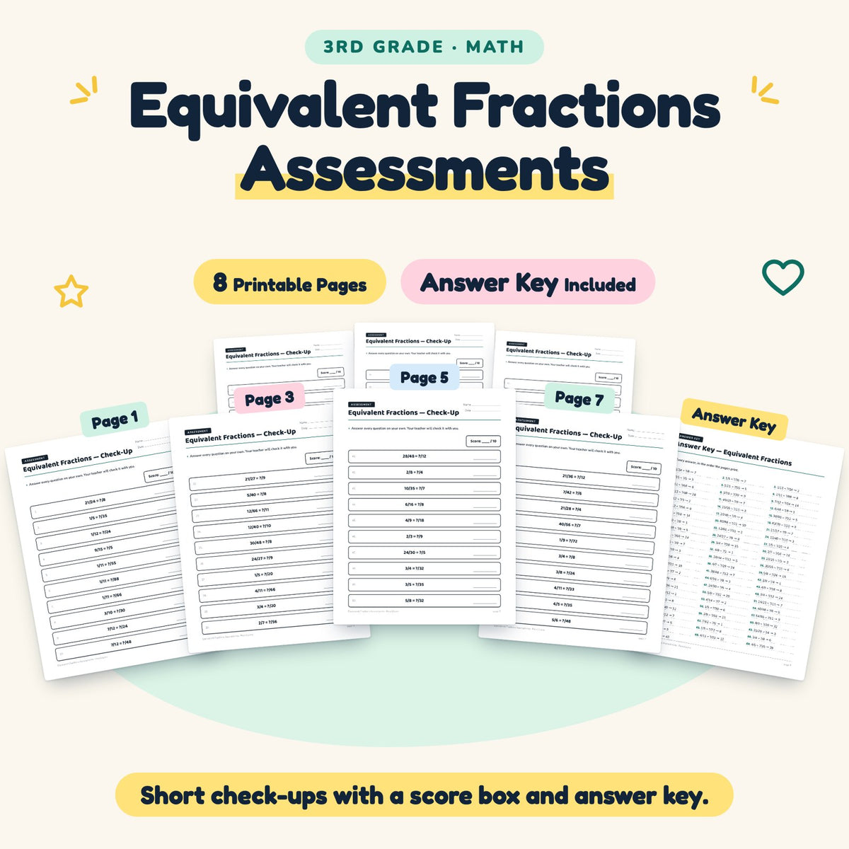 Equivalent Fractions Assessments | 3rd Grade Math (7 Pages) — cover