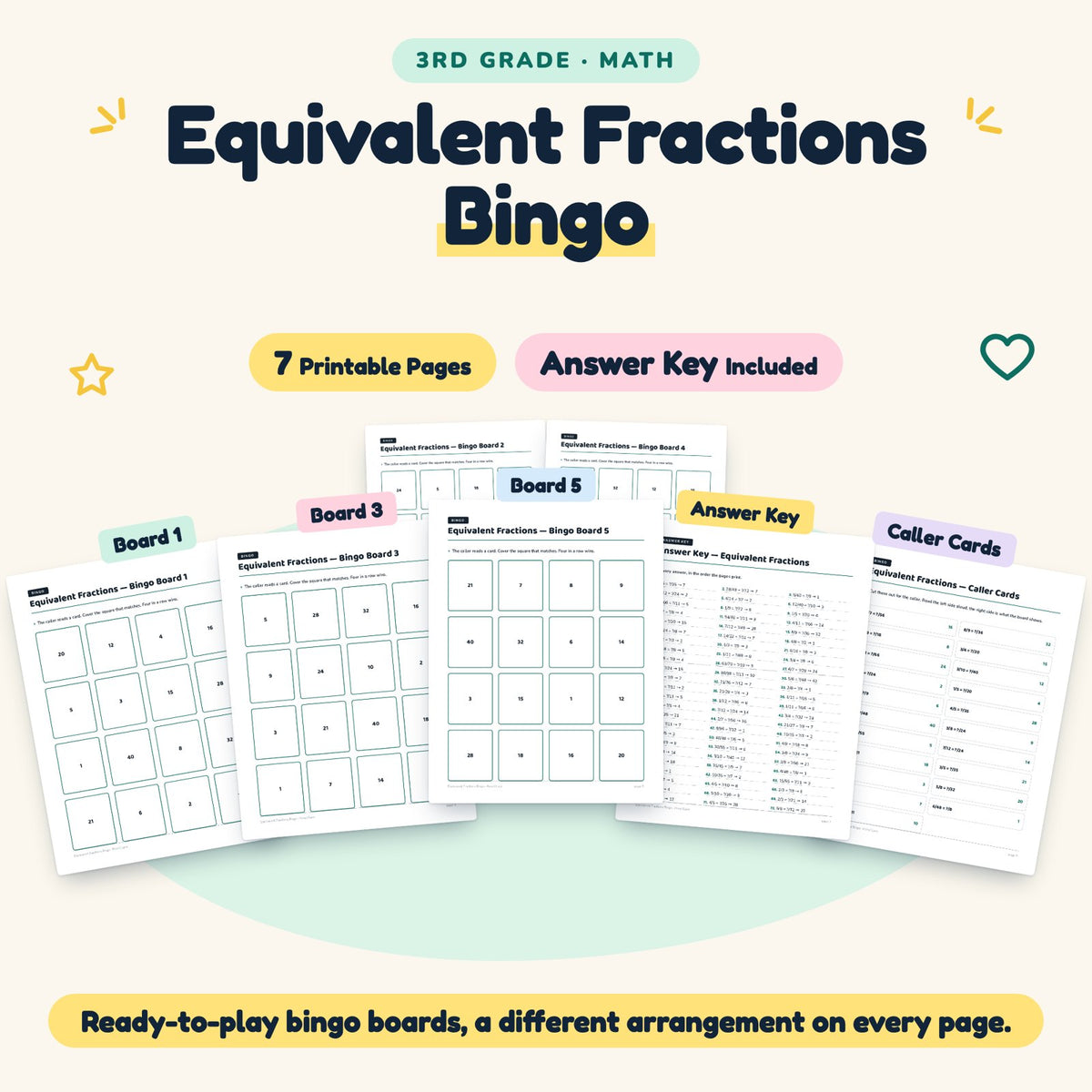 Equivalent Fractions Bingo | 3rd Grade Math (7 Pages) — cover