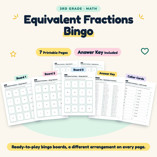 Equivalent Fractions Bingo | 3rd Grade Math (7 Pages) — cover