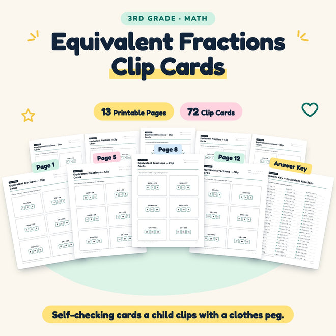 Equivalent Fractions Clip Cards | 3rd Grade Math (72 Cards) — cover