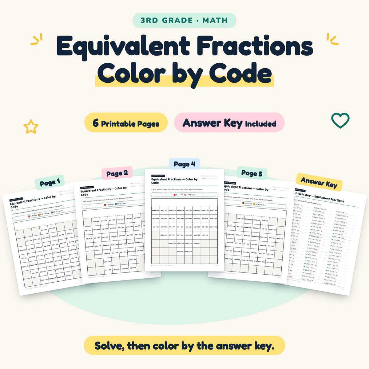 Equivalent Fractions Color by Code | 3rd Grade (6 Pages) — cover