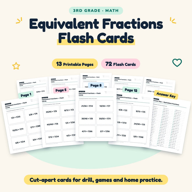 Equivalent Fractions Flash Cards | 3rd Grade Math (72 Cards) — cover