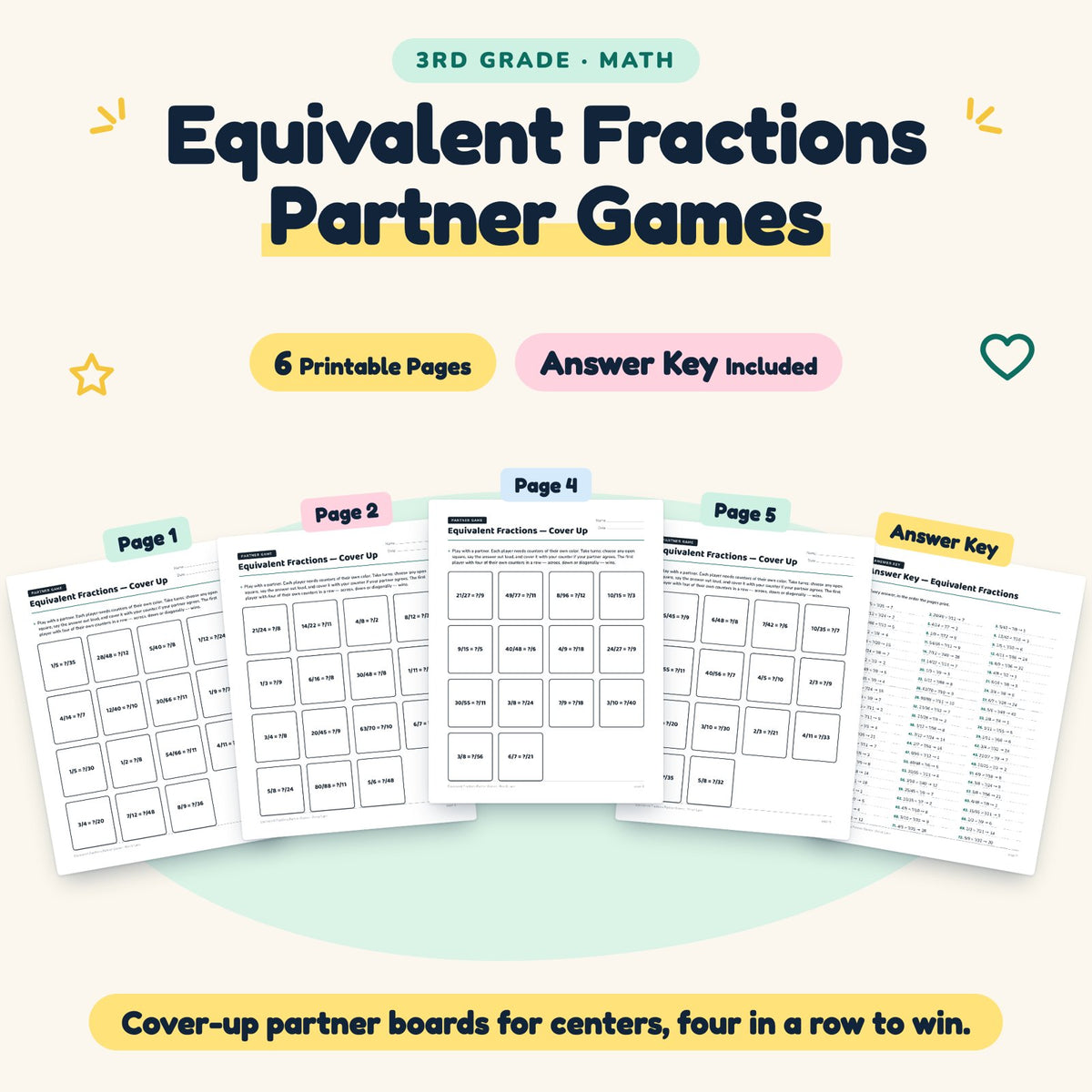 Equivalent Fractions Partner Games | 3rd Grade (6 Pages) — cover
