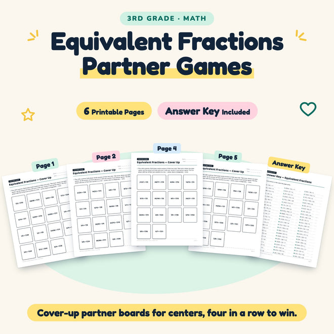 Equivalent Fractions Partner Games | 3rd Grade (6 Pages) — cover