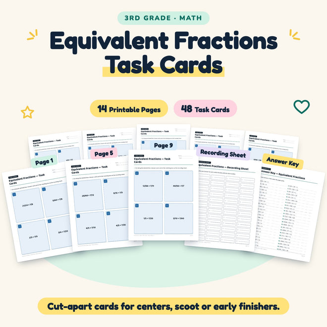 Equivalent Fractions Task Cards | 3rd Grade Math (48 Cards) — cover