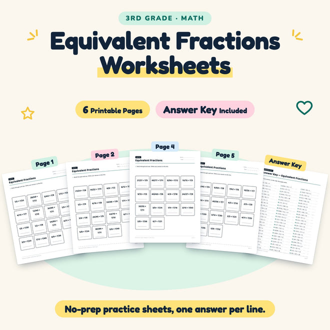 Equivalent Fractions Worksheets | 3rd Grade Math (6 Pages) — cover