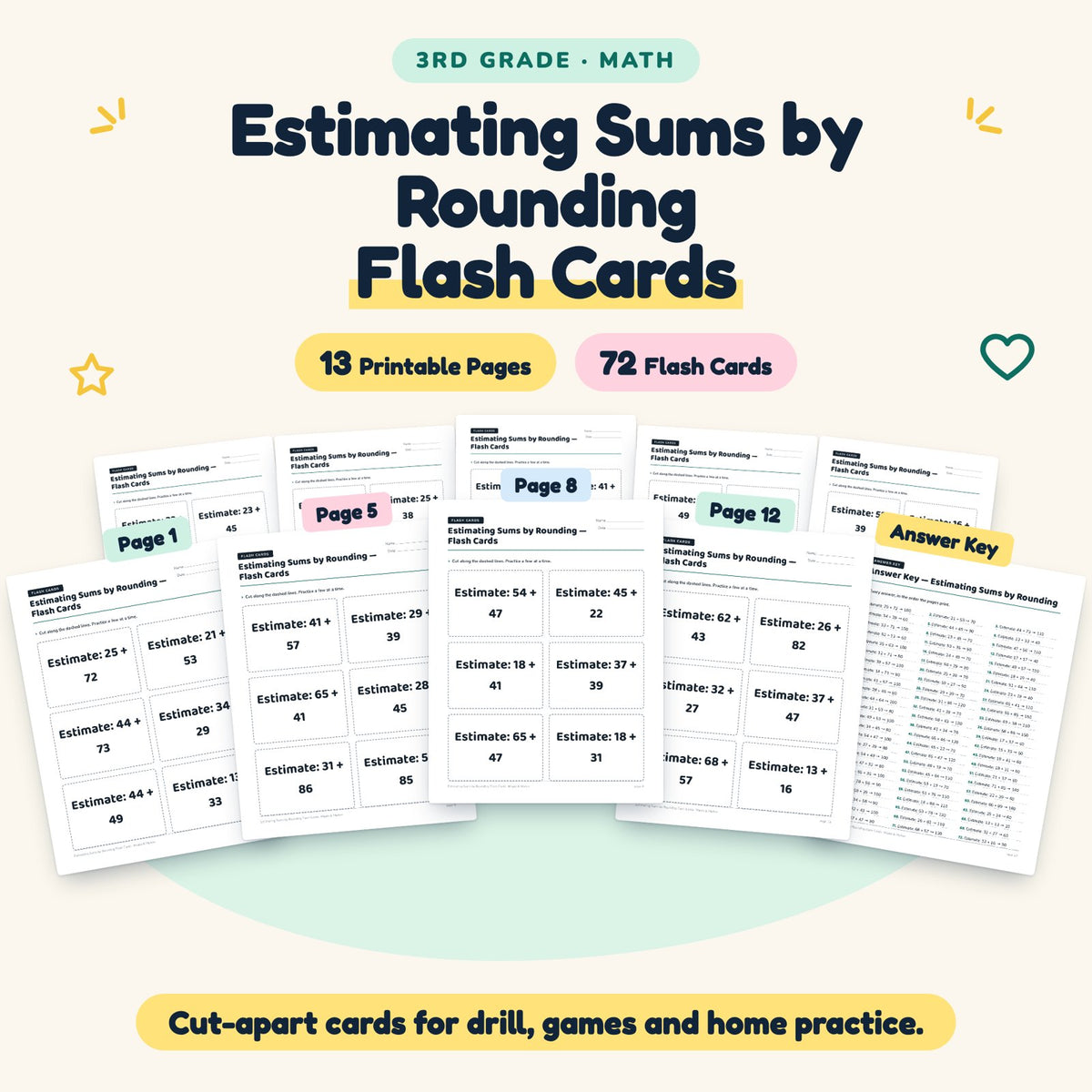 Estimating Sums by Rounding Flash Cards | 3rd Grade Math — cover