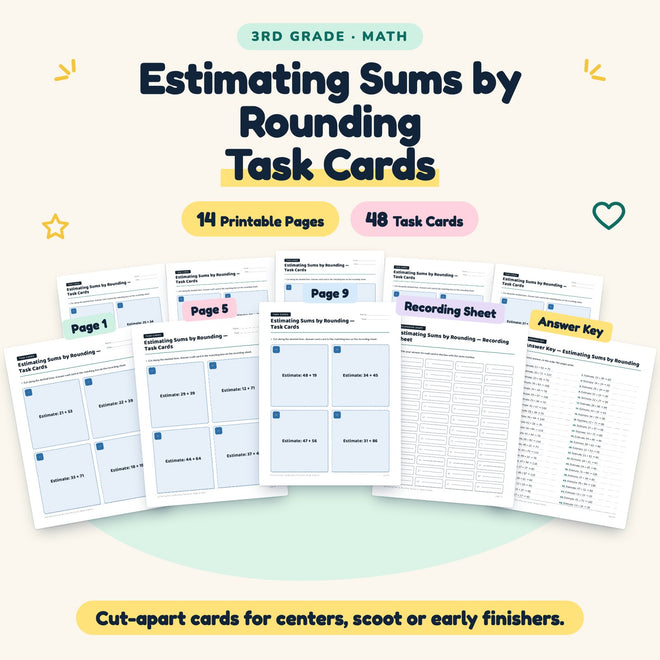 Estimating Sums by Rounding Task Cards | 3rd Grade Math — cover