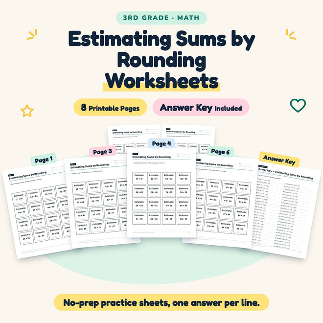 Estimating Sums by Rounding Worksheets | 3rd Grade (8 Pages) — cover