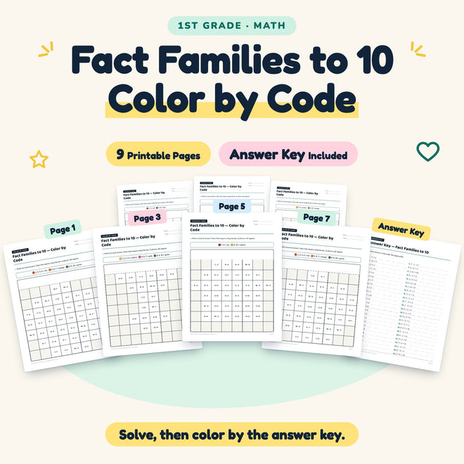 Fact Families to 10 Color by Code | 1st Grade Math (9 Pages) — cover