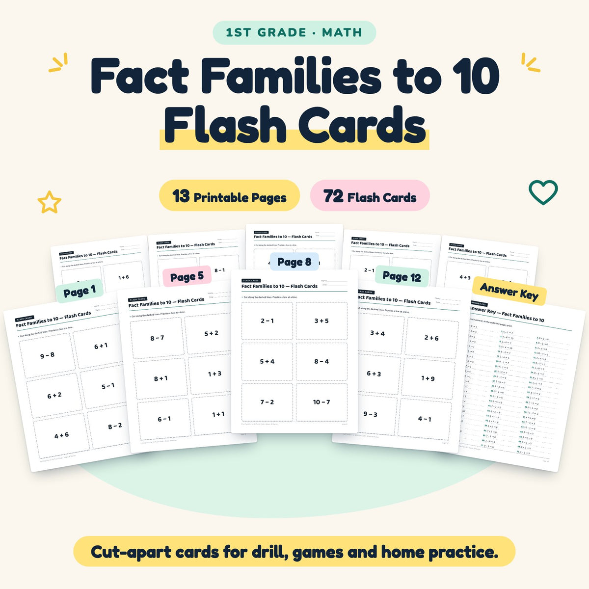 Fact Families to 10 Flash Cards | 1st Grade Math (72 Cards) — cover