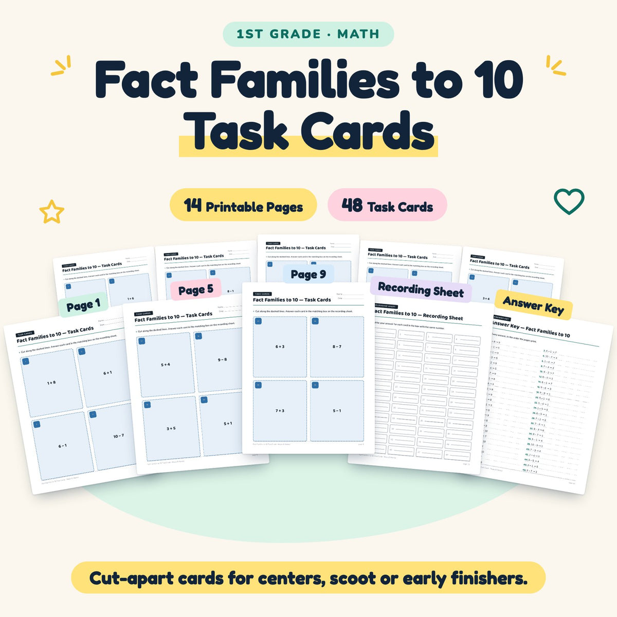 Fact Families to 10 Task Cards | 1st Grade Math (48 Cards) — cover