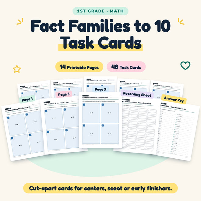 Fact Families to 10 Task Cards | 1st Grade Math (48 Cards) — cover