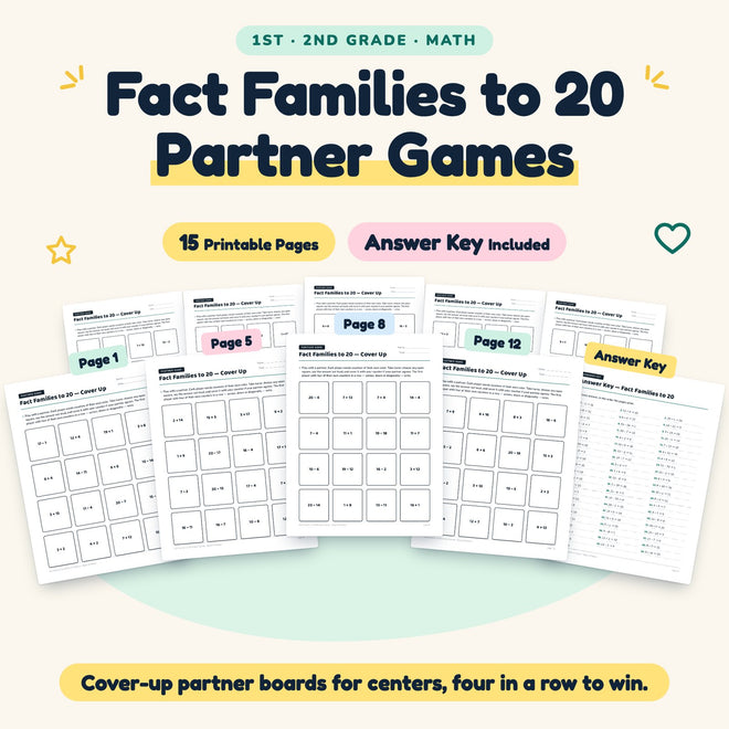 Fact Families to 20 Partner Games | 1st–2nd Grade (15 Pages) — cover