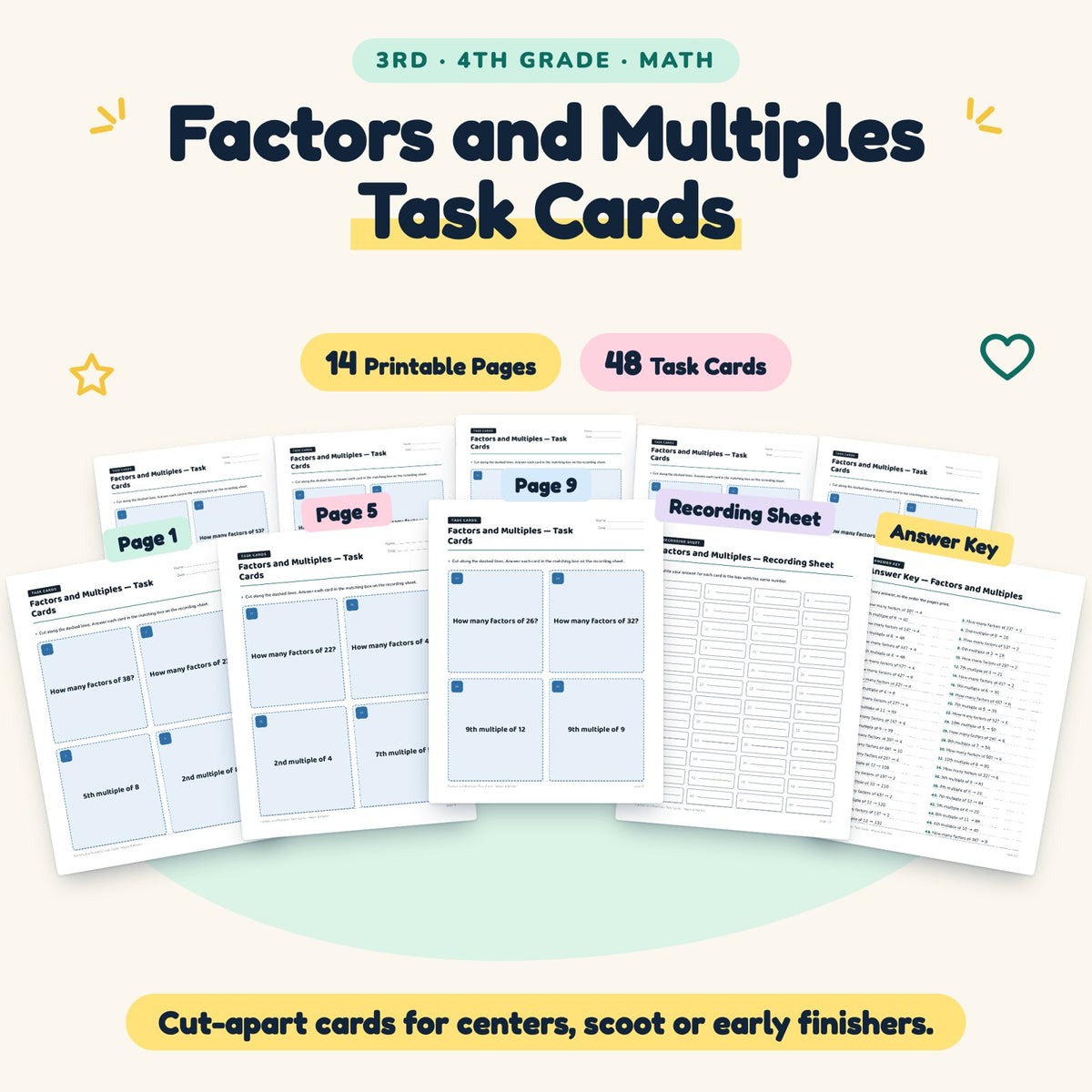 Factors and Multiples Task Cards | 3rd–4th Grade (48 Cards) — cover