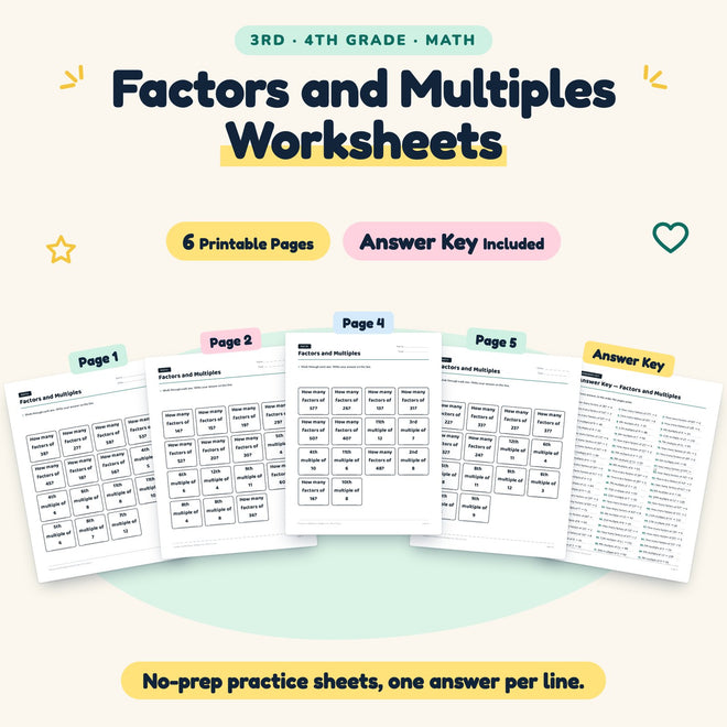 Factors and Multiples Worksheets | 3rd–4th Grade (6 Pages) — cover