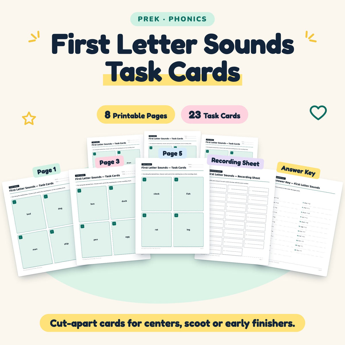 First Letter Sounds Task Cards | Preschool (23 Cards) — cover