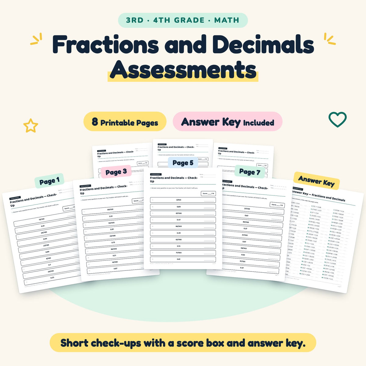Fractions and Decimals Assessments | 3rd–4th Grade (7 Pages) — cover